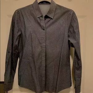 Navy button down formal shirt with peach dots